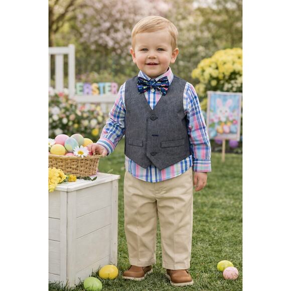IZOD Boys 2T Easter Preppy Ring Bearer 4pc Suit Gray Vest Plaid Khaki Bow Tie - Picture 5 of 7